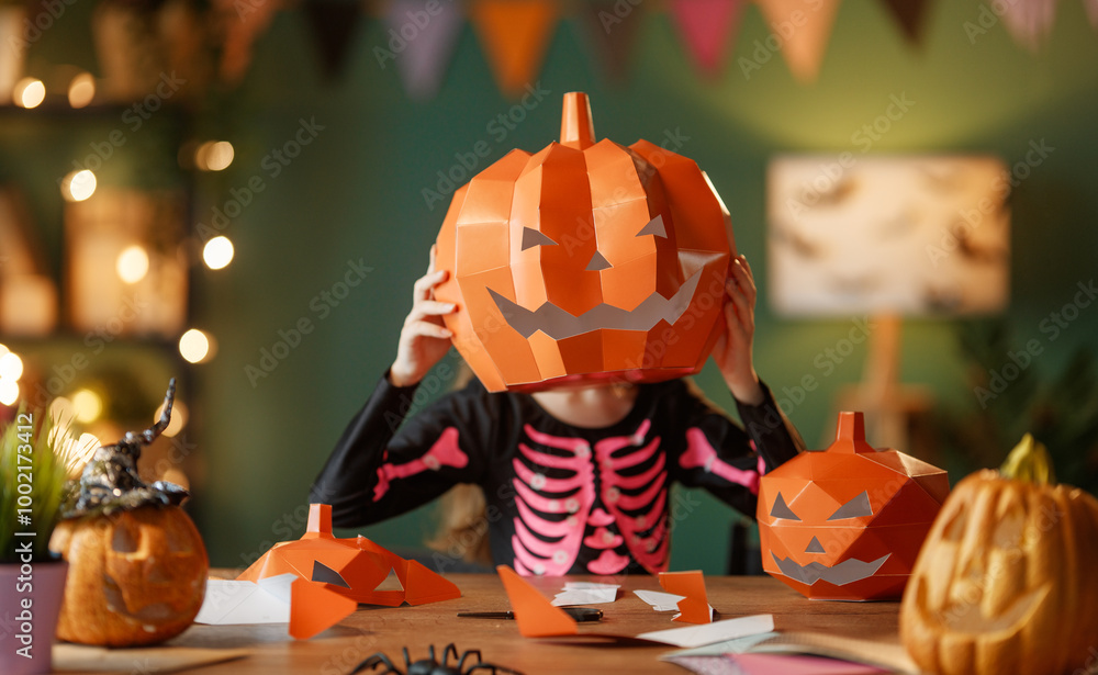 Poster girl with polygonal paper pumpkin