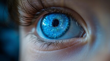 Fototapeta premium Close-up of a blue eye with sparkling texture and dark eyelashes. AI generative. .