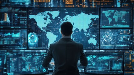A data analyst working with worldwide data, with a global map and statistics displayed on multiple screens.