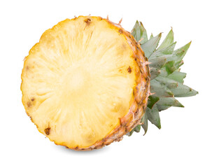 Pineapple with leaves, slices and a half pineapple on a white background
