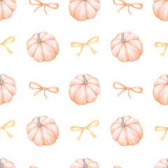 Red pumpkins and bows. Watercolor seamless pattern on white background for children's textiles and wrapping paper. Cute autumn illustration