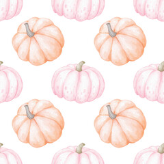 Red and pink pumpkins. Watercolor seamless pattern on white background for children's textiles and wrapping paper. Cute autumn illustration