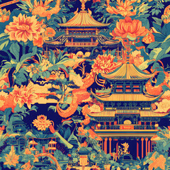 Obraz premium Chinese-inspired doodle tile seamless patterns in an illustrator graphic style