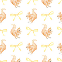 Squirrels and yellow bows. Watercolor seamless pattern on white background for children's textiles and wrapping paper. Cute autumn illustration