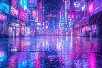 Obraz premium Neon Lights Reflecting on Wet Pavement in Tokyo