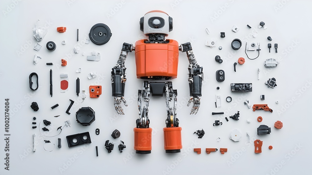 Poster Broken and dismantled action figure with missing limbs and scattered parts isolated on a clean white studio background  This conceptual and abstract still life image conveys a sense of decay