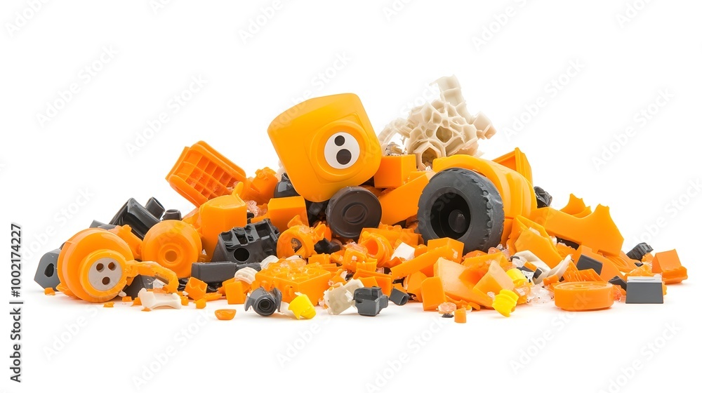 Poster broken and missing pieces of a smashed plastic toy isolated on a white background showing the concep