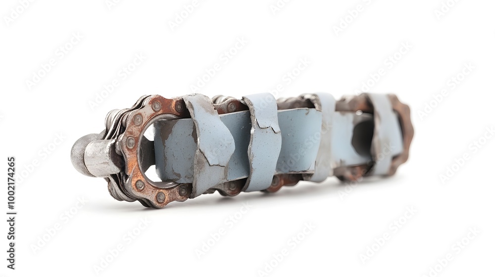 Poster broken and unusable bicycle chain with disconnected metal links isolated on plain white background