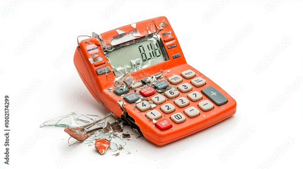Poster Broken and Smashed Calculator with Missing Buttons and Cracked Display Isolated on Clean White Background Concept of Technology Failure Business or Financial Problem