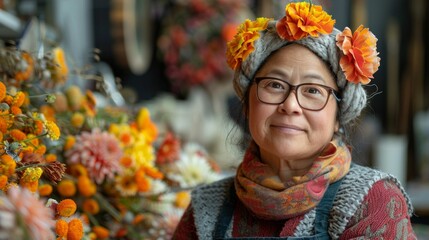 A woman with a flower crown, glasses and a knitted scarf looks off to the side. AI generative. .