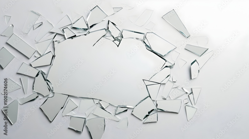 Poster broken mirror with sharp jagged shards of glass isolated on a clean white background conceptual mini
