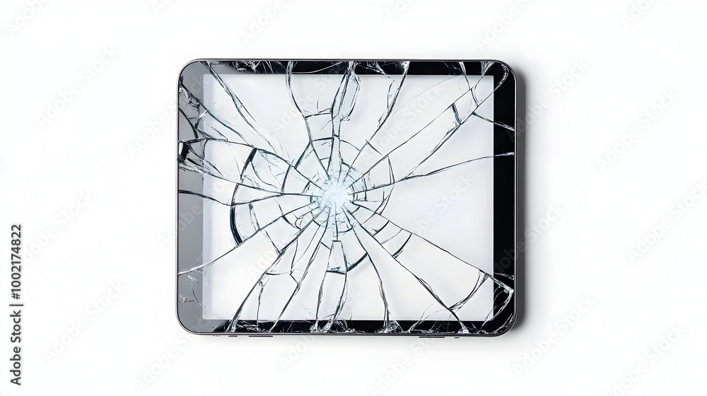 Aufkleber Broken tablet screen with deep intricate cracks running across the glass surface isolated on a simple white background  The shattered glass creates an abstract and visually striking pattern