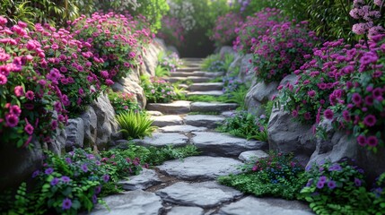 Stone path through lush garden with pink flowers, AI generative. .