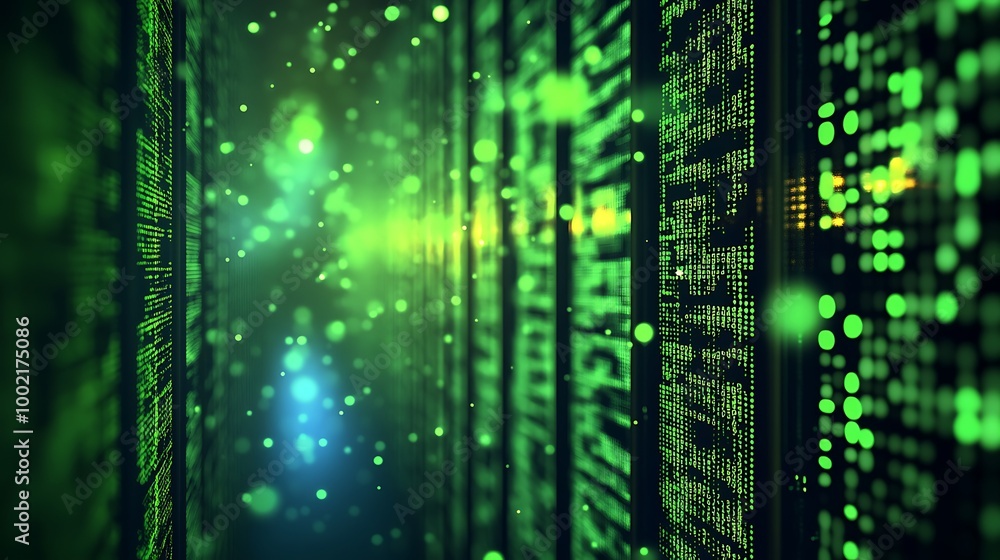 Poster Abstract digital data stream with glowing green particles and code.