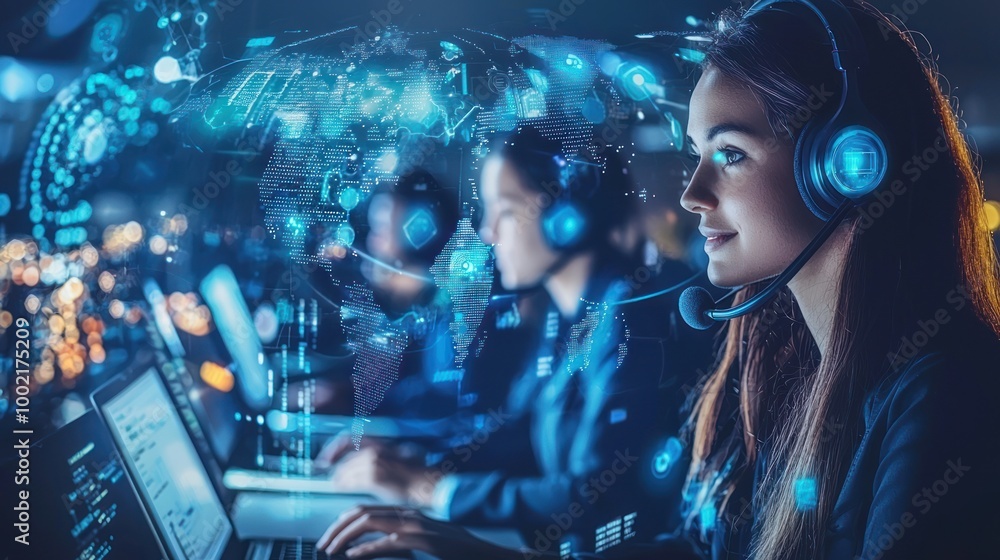 Poster a global call center with operators communicating with clients from different countries, showcasing 