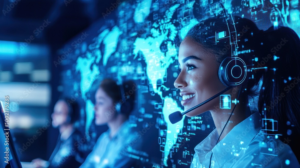 Poster a global call center with operators communicating with clients from different countries, showcasing 