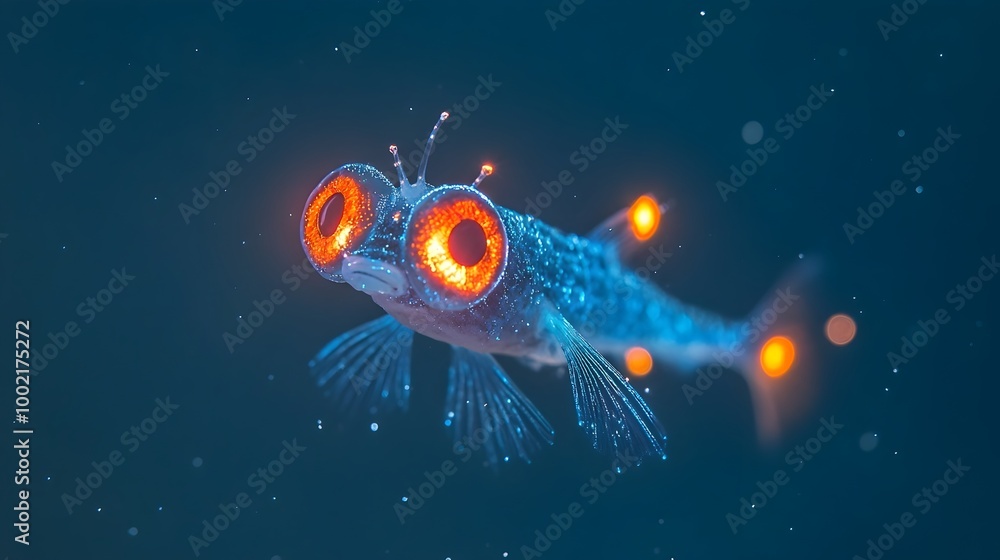 Poster captivating close up of a lanternfish glowing with bioluminescent photophores exploring the mysterie