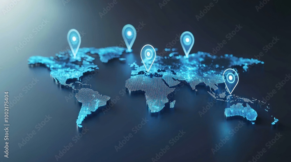 Poster a global map with service points, representing the reach of a companyâ€™s worldwide service network.