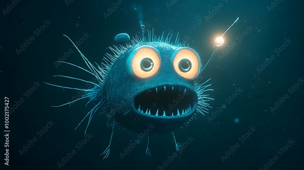 Poster captivating close up of an anglerfish with its glowing lure illuminating the dark and mysterious dep