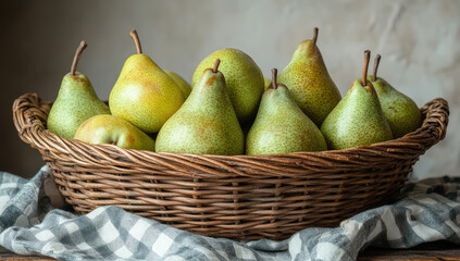  A basket of pears, fresh and juicy, with soft green skin and brown stems, placed on a blue-and-white checkered tablecloth against a dark background. Created with Ai