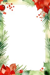 Christmas watercolor frame with winter branches, leaves and berries, illustration isolated on white background in vintage style. Festive frame for invitations or greeting cards.