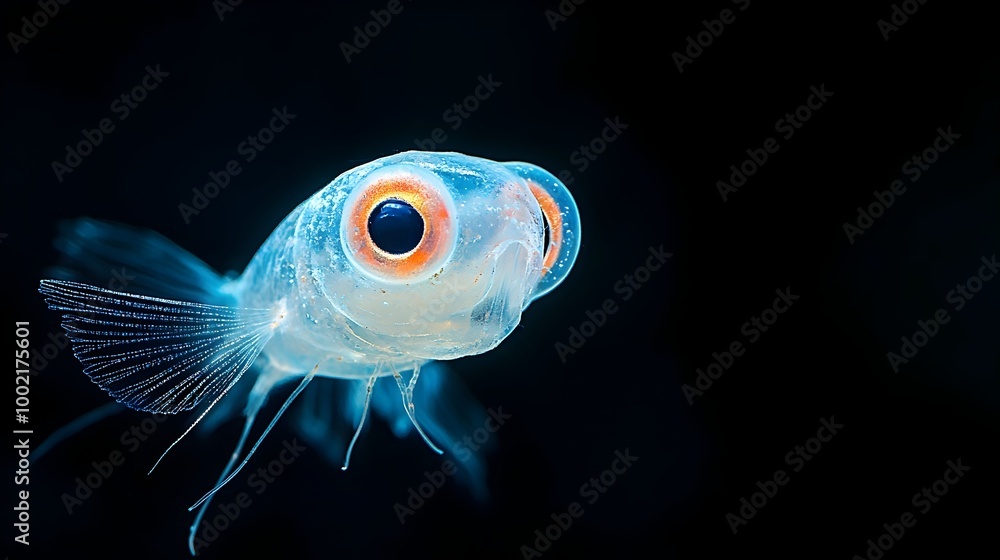 Poster Captivating close up view of the remarkable barreleye fish showcasing its unique transparent head structure and its distinctive upward facing eyes   a rare and fascinating deep sea creature