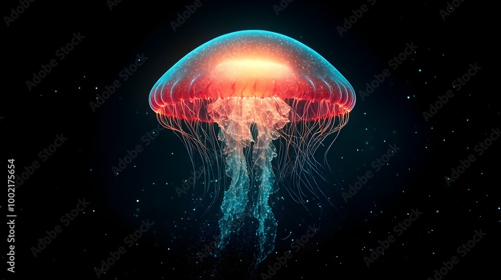 Poster Captivating comb jellyfish with intricate pulsating bioluminescent light patterns glowing in the mysterious underwater realm  This mesmerizing
