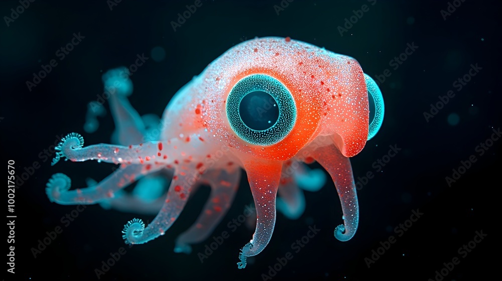 Poster captivating closeup of a glowing vampire squid with bioluminescent tentacles and vibrant red body my
