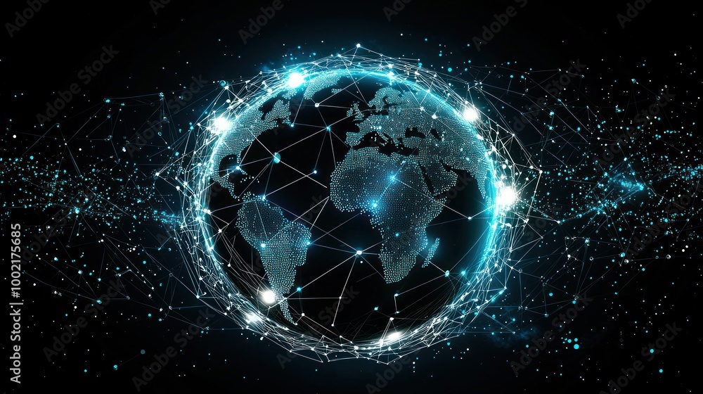 Poster a globe with interconnected dots symbolizing global communication, with a subtle glow around the ico