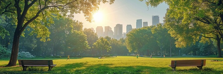 Sunlit park with benches and tall buildings in the distance. AI generative. .