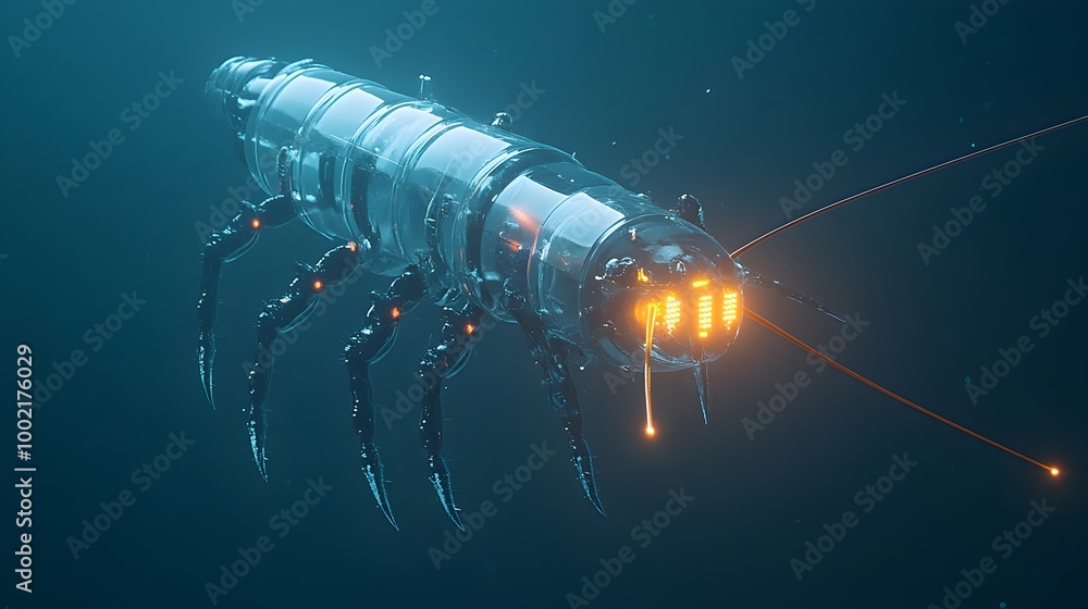 Aufkleber Captivating image of a deep sea crustacean with mesmerizing glowing antennae and a segmented reflective body