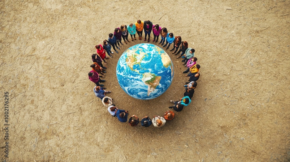 Poster a group of people from various cultures gathered in a circle around a globe, symbolizing global unit