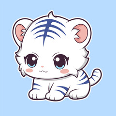a cute chibi cartoon white tiger with a blue background