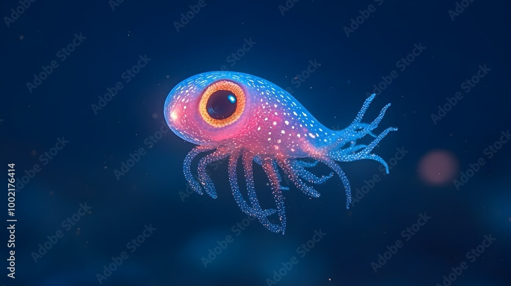 Poster Captivating image of a small bioluminescent bobtail squid with its glowing body and delicate tentacles exploring the mysterious depths of the ocean