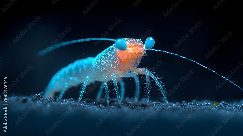 Poster captivating image showcasing a bioluminescent shrimp illuminating the dark waters of the ocean this 