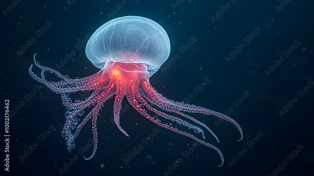 Poster captivating image showcasing a siphonophore a delicate and ethereal marine organism with its glowing