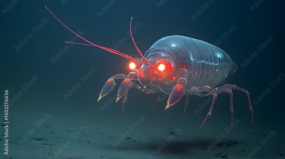 Poster Captivating shot of a deep sea crustacean with a glowing segmented and reflective body adorned with bioluminescent antennae showcasing the wonders of the mysterious ocean biosphere