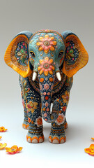 Obraz premium A beautifully decorated elephant statue adorned with colorful patterns and floral designs, standing against a plain background.