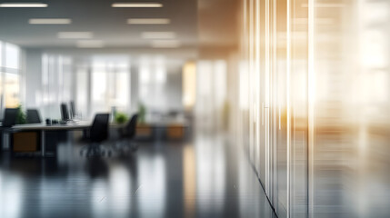 A blurred image of a modern office space enveloped in soft, ambient lighting, providing a peaceful and productive workspace environment.