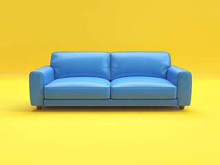 an empty blue couch on top of a yellow background