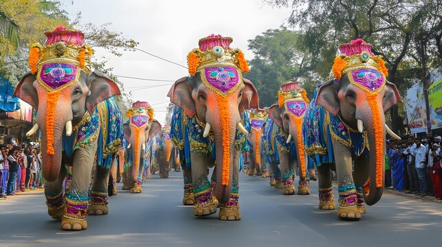 A grand procession for Mahavir Jayanti with decorated elephants