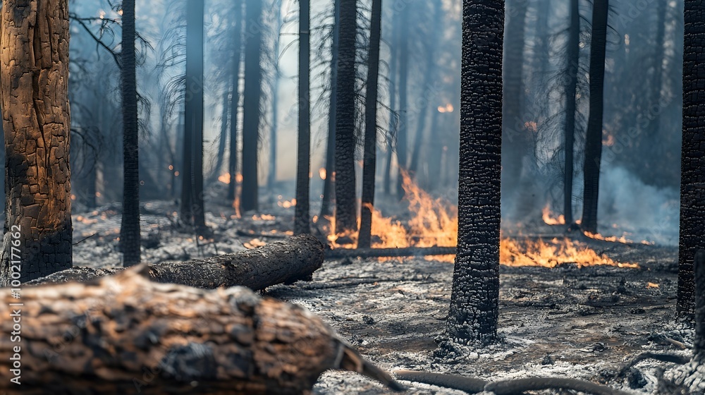 Poster charred and smoldering remains of a once lush forest after a devastating wildfire has swept through 