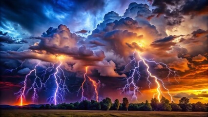 Dark skies erupt with a brilliant flash of lightning, illuminating the dramatic thunderstorm's chaos, crafting a