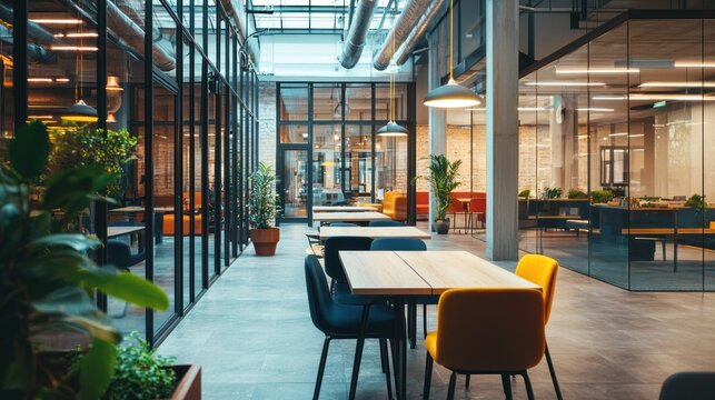 A modern coworking space with glass walls, communal tables, and a mix of seating options for a flexible working environment.