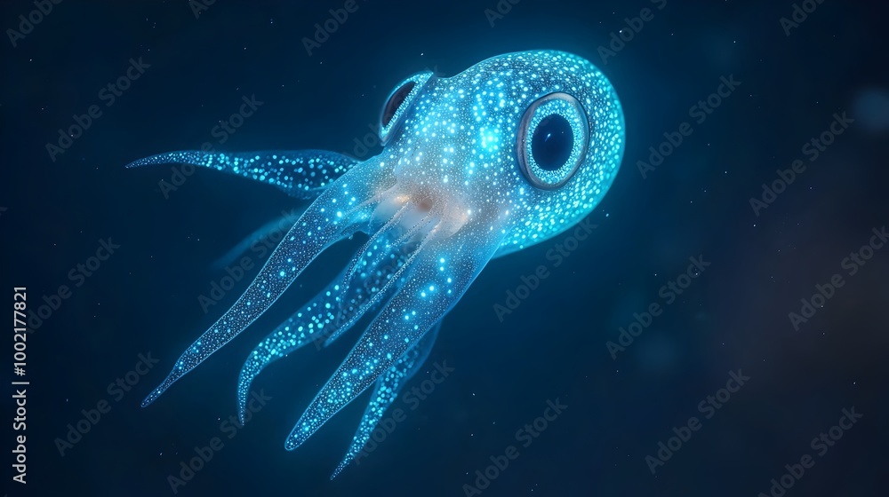 Poster close up detailed view of a glowing firefly squid with its vibrant blue bioluminescent light pattern