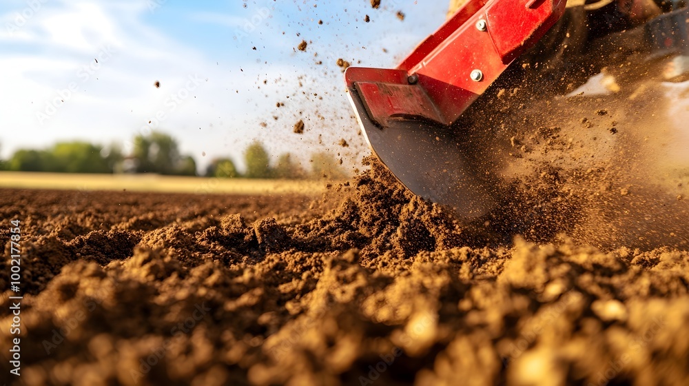 Aufkleber close up detailed view of a plow blade slicing through fertile soil and scattering dirt in every dir
