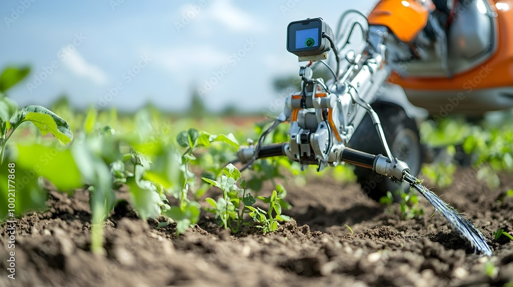 Poster close up detailed view of a robotic weeding machine equipped with and blades precisely trimming unwa