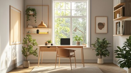 A modern home office workspace with Scandinavian-style furniture, soft lighting, and a laptop open on the desk.