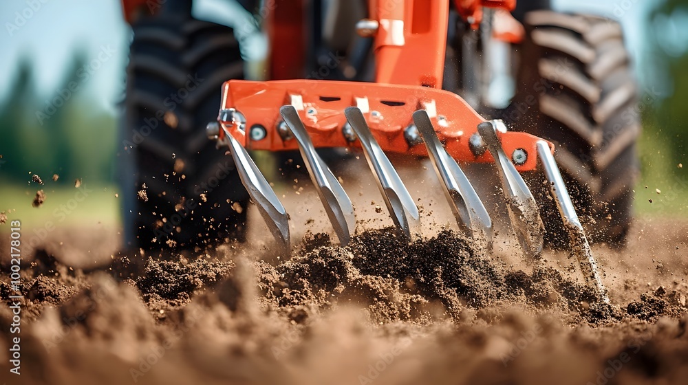 Poster Close up Detailed View of the Rugged Metal Tines on an Advanced Soil Tilling Machine Breaking and Churning Up the Earth s Surface in a Field or Farm Setting