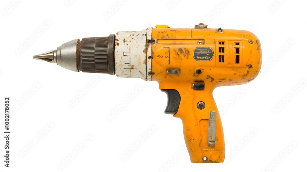 Poster Close up image of a damaged power drill with a cracked and worn handle and missing parts isolated on a plain white background  The drill appears to be in a state of disrepair